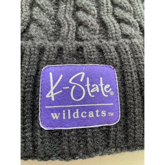 Zephyr K State Wildcats Beanie OS Cable Knit Black with Gray Faux Fur Pompom NEW - Picture 3 of 6